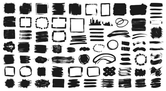 Paint brush strokes. Black vector rough edge rectangles. Grunge square frames set. Jagged edge torn paper background collection. Grungy distressed text boxes. Transparent background SVG version.