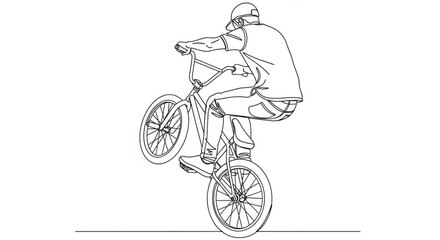 Fototapeta premium Minimalist vector line art of a BMX rider performing a wheelie, action sport illustration