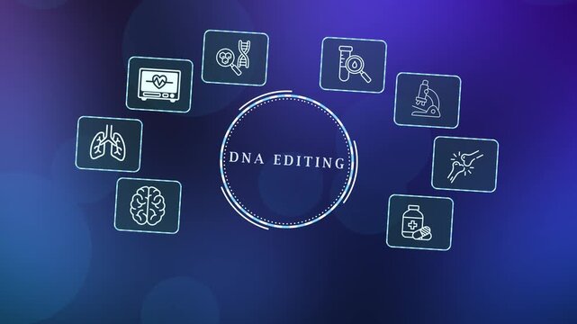 Abstract glowing blue vector infographic dashboard displaying advanced genetic sequence modification and DNA editing technologies.