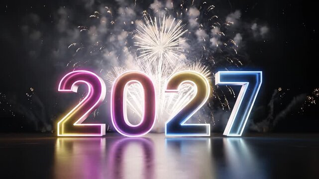 Neon numbers 2027 with fireworks ideal for sleek commercial backgrounds and title sequences