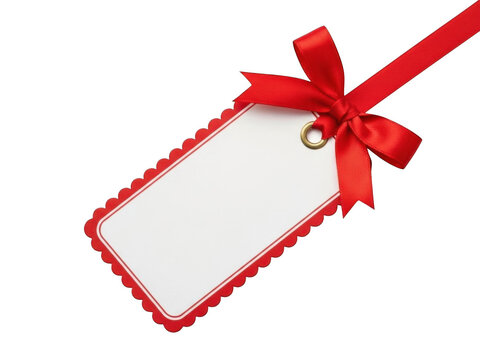 Blank white price tag with red festive ribbon bow and scalloped edges isolated on transparent background