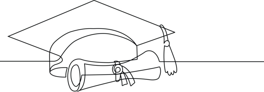 Graduation cap and diploma continuous line drawing scroll education