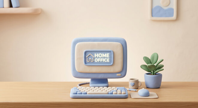 Minimalist 3D Claymorphism Home Office Desk with Soft Pastel Blue Tones