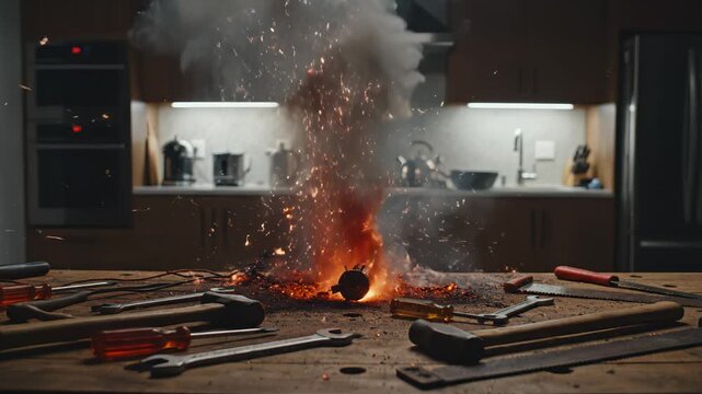 Explosion with sparks and tools representing the backbone of urban development