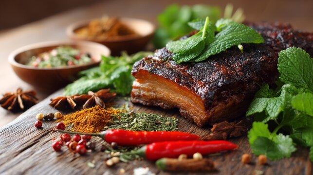 Juicy Crispy Pork Belly with Fresh Mint, Spicy Chili and Assorted Herbs on Rustic Wooden Table Surrounded by Bowls of Colorful Spices