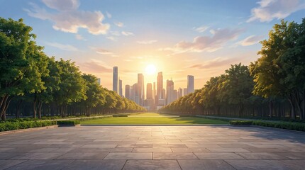 A scenic view of a modern city skyline at sunset, framed by lush trees and a stone-paved plaza leading to a peaceful green park.