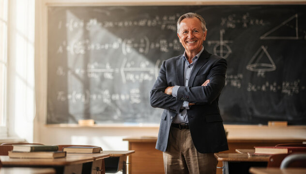 Confident teacher senior man classroom blackboard education math lecture professor smile knowledge