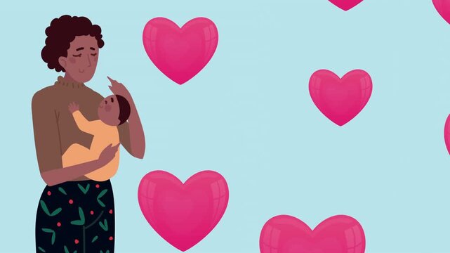 Afro mother lifting baby with pink hearts motion animation.