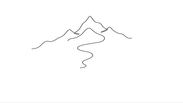 Animated self drawing Continuous one line drawing of Minimalist mountain range, simple line art, landscape illustration, black and white