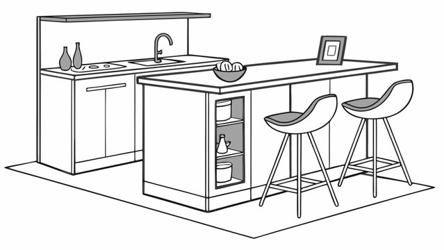 Modern kitchen interior layout with island and bar stools sketch, interior