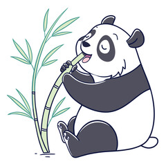 Cute cartoon panda bear eating bamboo stalk with character, illustration © kg