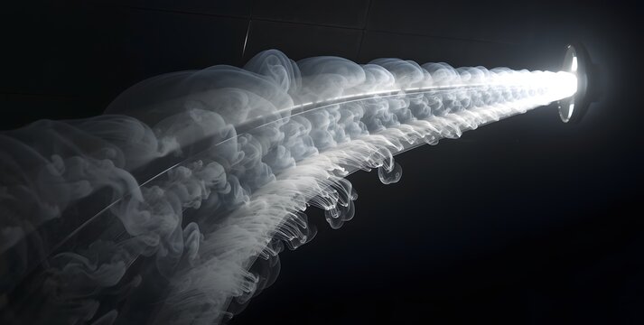 A dramatic wind tunnel simulation showing perfect laminar flow with white smoke streamers passing over a sleek aerodynamic wing section.