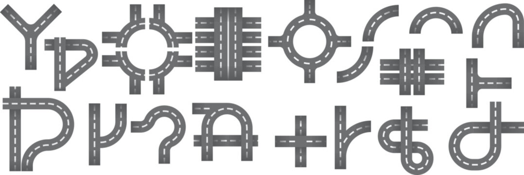 Top view of road parts including junctions, roundabouts and highway curves.Set of road construction elements with various highway intersections and curves.