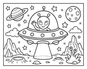 Naklejka premium Coloring page featuring a friendly alien in a flying saucer above a lunar landscape with planets and bright stars