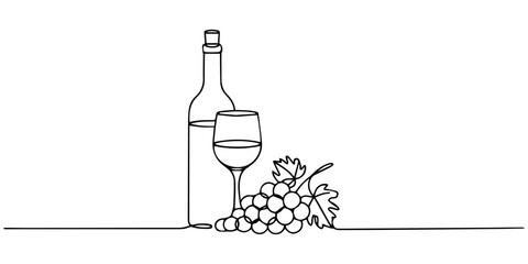 Fototapeta premium Continuous one line drawing of wine bottle glass and grapes, Minimalist wine glass and grape bunch continuous line art elegant outline vector illustration. Elegant wine glass with grape cluster