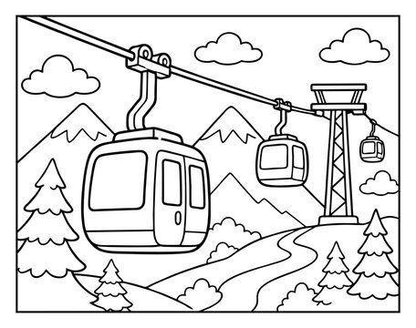 Coloring page featuring a mountain cable car system with cabins moving over snowy peaks for kids to enjoy and paint