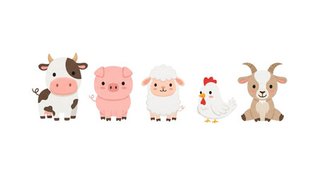 Cute cartoon farm animals standing in a row on white background © Morjina