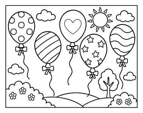 Coloring page featuring balloons with various patterns and a sunny outdoor landscape scene for kids to draw and paint