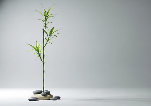 A single stalk of green bamboo grows from smooth grey river stones arranged for relaxation and balance in a calm environment focused on peaceful nature themes for wellness and interior home decor