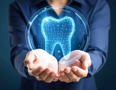 A person in a blue shirt holds a glowing digital tooth