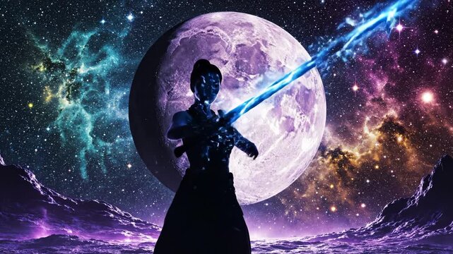 Silhouette of figure with glowing sword in space for outdoor lifestyle brands and nature documentaries