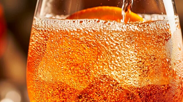 Bright orange aperol spritz in extreme macro, camera tracking along glass as lively carbonation streams rise through ice with a glowing citrus slice, vibrant refreshing cocktail scene