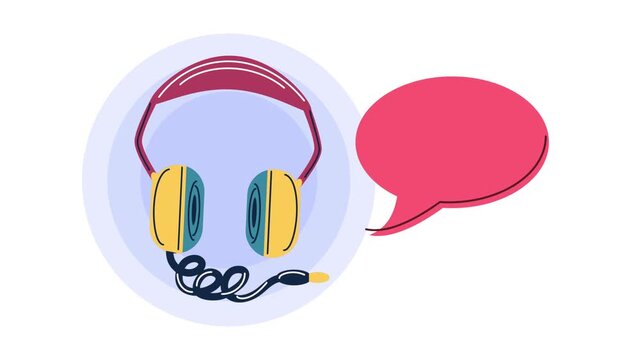 Animation of colorful headphones and speech bubble over blue circle background representing podcasting.