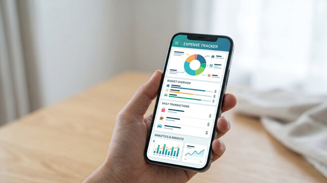 Smartphone displaying expense tracker app. spending charts, budgeting insights financial analytics widgets, fintech UI design, personal finance management, digital banking, clean interface, copy space