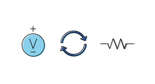 Electrical circuit symbols for voltage source resistor and current flow.