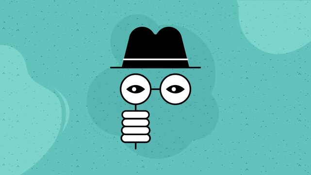 Minimalist character animation with glasses hat and hand on teal textured background with organic shapes.