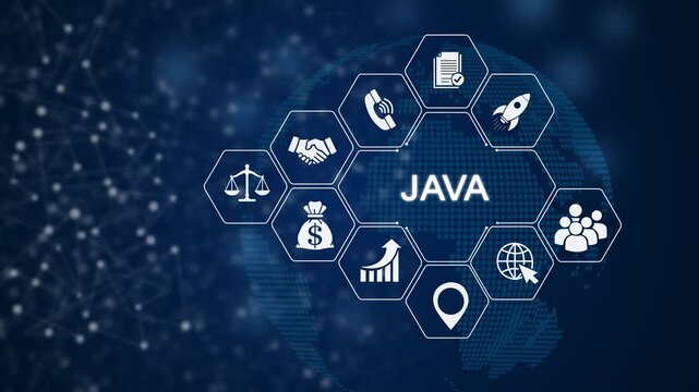 Java programming concepts animation with and code blocks on dark background, java animation code animation