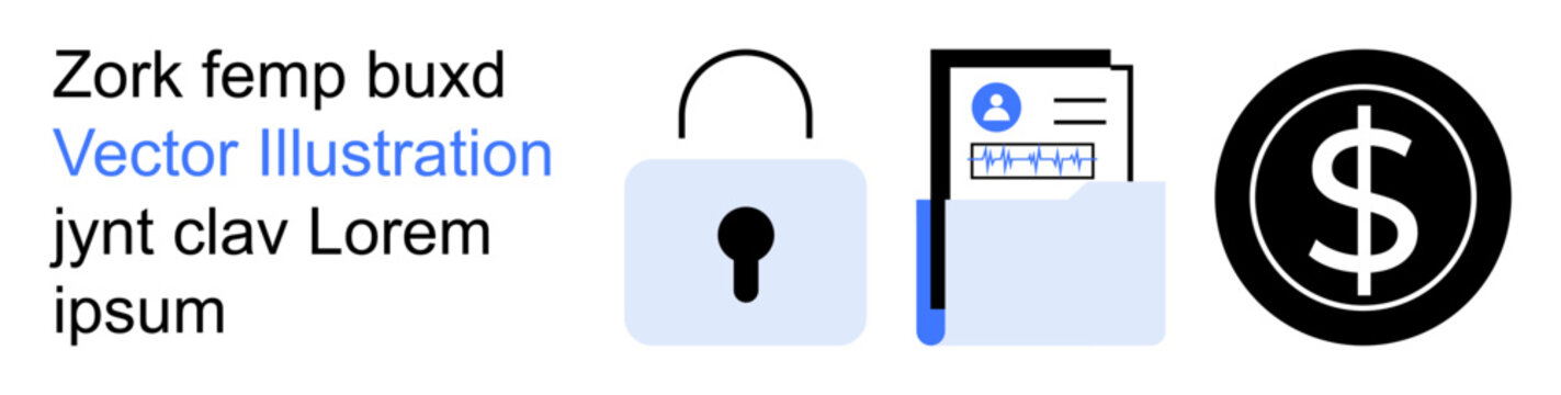 Cybersecurity, online payments, identity verification, data protection, financial security, digital transactions. A lock, ID with user information and dollar symbol. Cybersecurity and online