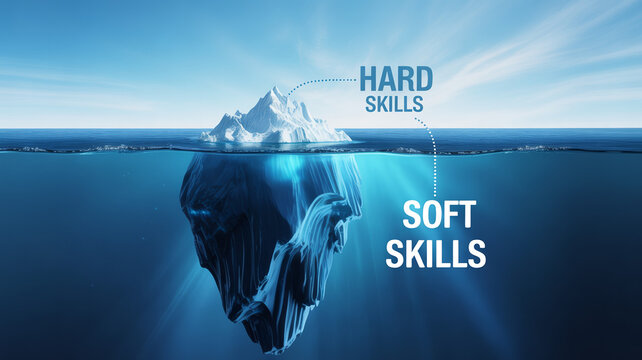 Iceberg representing hard and soft skills in business concept with ocean and blue sky background