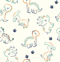 Obraz premium Seamless pattern with dinos and clouds featuring a cute cartoon animal vector set of sketches including cute dinosaurs with different ki in a doodle art style illustration for baby design