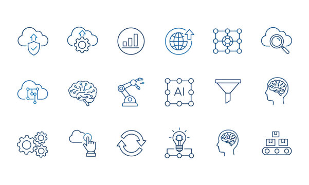 Professional blue line art icons for ai technology and data processing featuring robotic arms neural brains and cloud analytical tools for modern technical documentation and software development