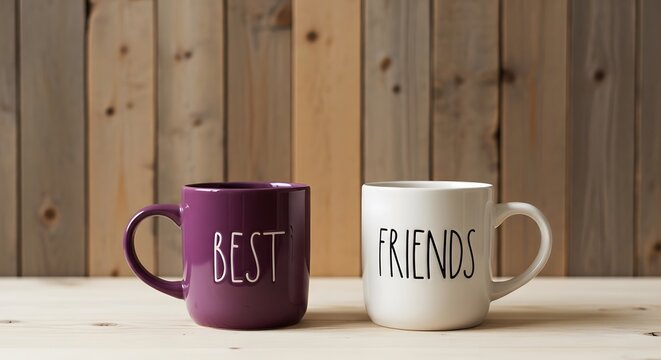 Happy friendship day concept 'best friends' mugs on wooden surface