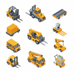 Collection of Yellow Construction and Industrial Vehicles Isometric Icons. © Agu