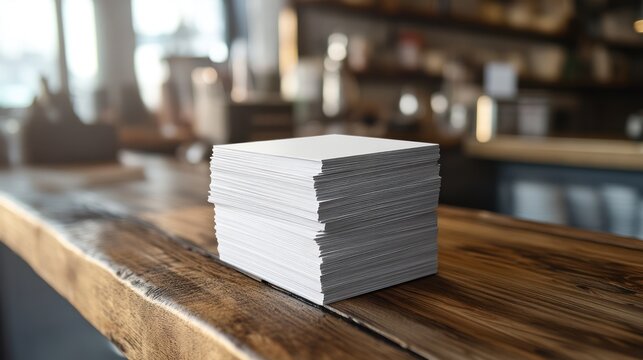 Stack of white papers on wooden table in cozy caf? setting