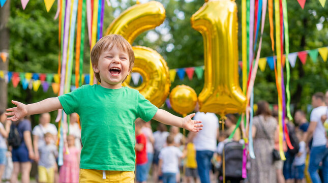 International Children's Day toddler boy celebrating with golden number balloons laughing for greeting cards festival promotional materials marketing campaign design