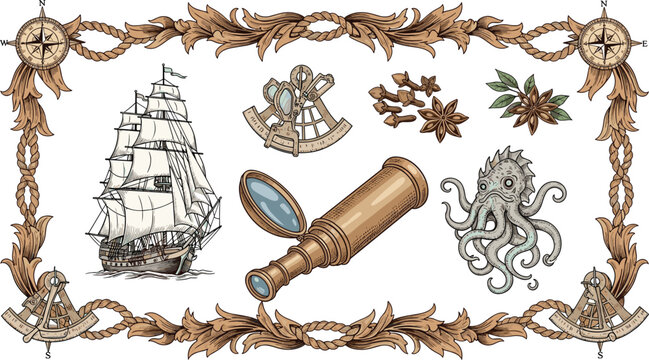 Vintage Nautical Illustration Set with Sailing Ship Telescope Anchor Compass and Decorative Marine Frame for Antique Maritime Vector Design