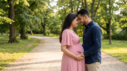 Fototapeta premium Global Day of Parents Middle Eastern expectant couple sharing intimate pregnancy moment on park pathway for festival promotional greeting card advertising