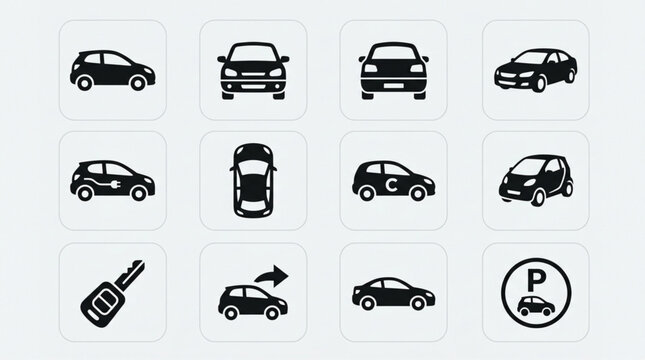 Collection of car icons and symbols for automotive themes.