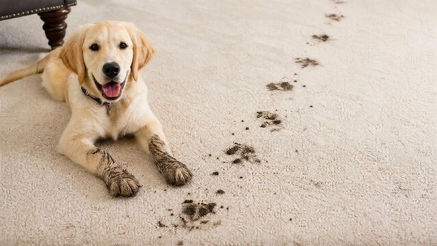 Adorable Golden Retriever Puppy with Muddy Paws Leaving a Trail of Footprints on Clean Carpet
