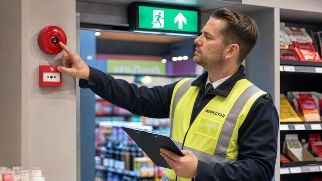Professional Safety Inspector Checking Fire Alarm System and Emergency Equipment in a Retail Store