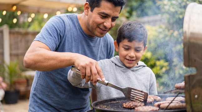 Father's Day Latino dad teaching son grilling barbecue skills outdoors showing hands-on learning tradition bonding for family cooking education lifestyle content marketing materials