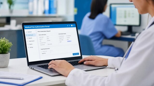 Healthcare Professional Using Medical Prior Authorization Portal on Laptop in Hospital Office