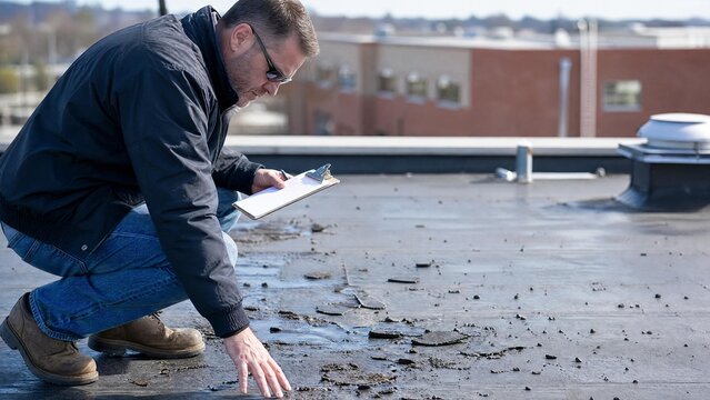 Professional Building Inspector Examining Damaged Commercial Flat Roof with Clipboard
