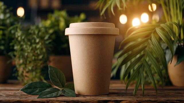 Biodegradable brown paper coffee cup with lid wooden table surrounded by green leaves warm glowing lights eco friendly disposable cup cozy atmosphere