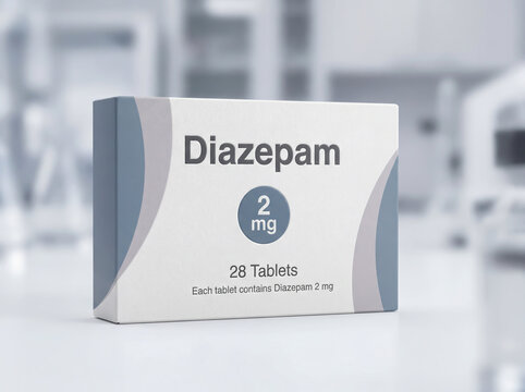 Diazepam 2 mg prescription medication box in a clinical setting