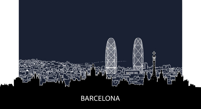 Barcelona Spain City Skyline Silhouette with Famous Landmarks